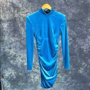 Blue Ruched Long Sleeve Bodycon Dress